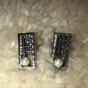 VINTAGE Signed JUDY LEE Mens Silvertone Pearl Cufflinks